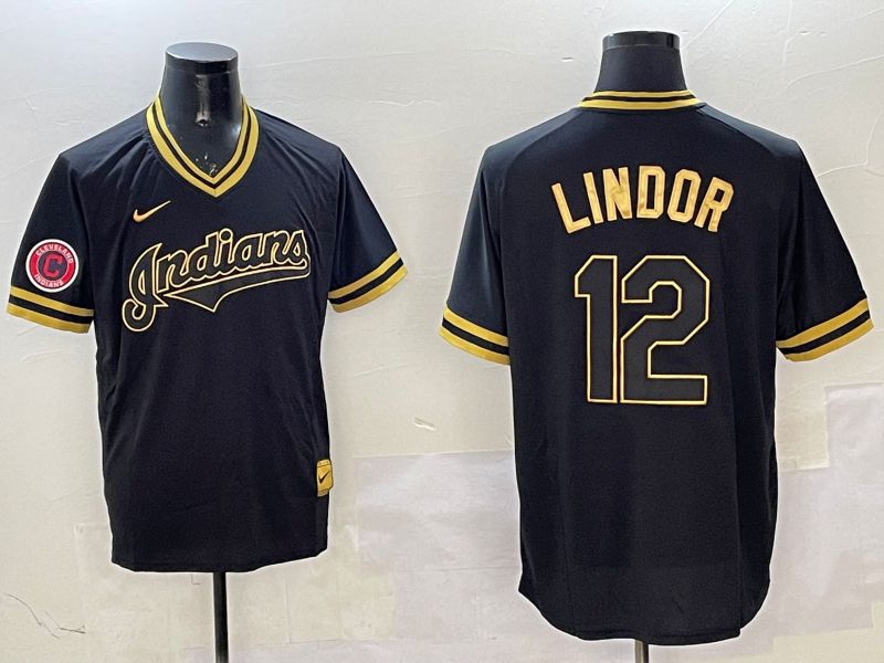 Men Cleveland Indians #12 Lindor Black Gold Game 2025 Nike MLB Jersey style 2